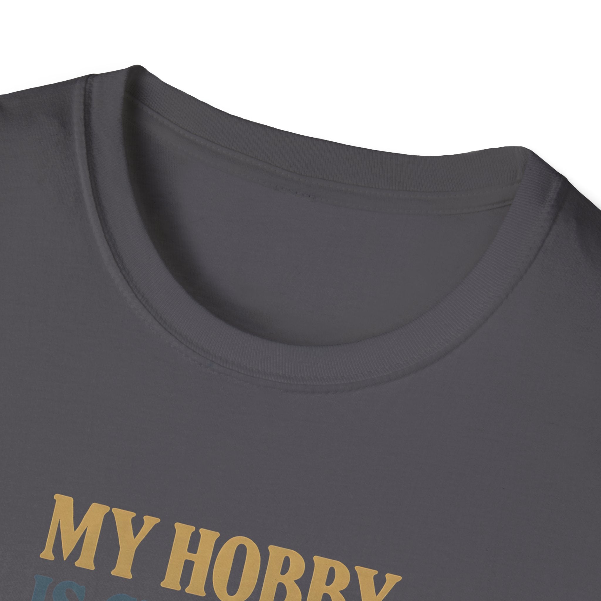 Gray t-shirt with 'MY HORRY IS' text in yellow on a white background