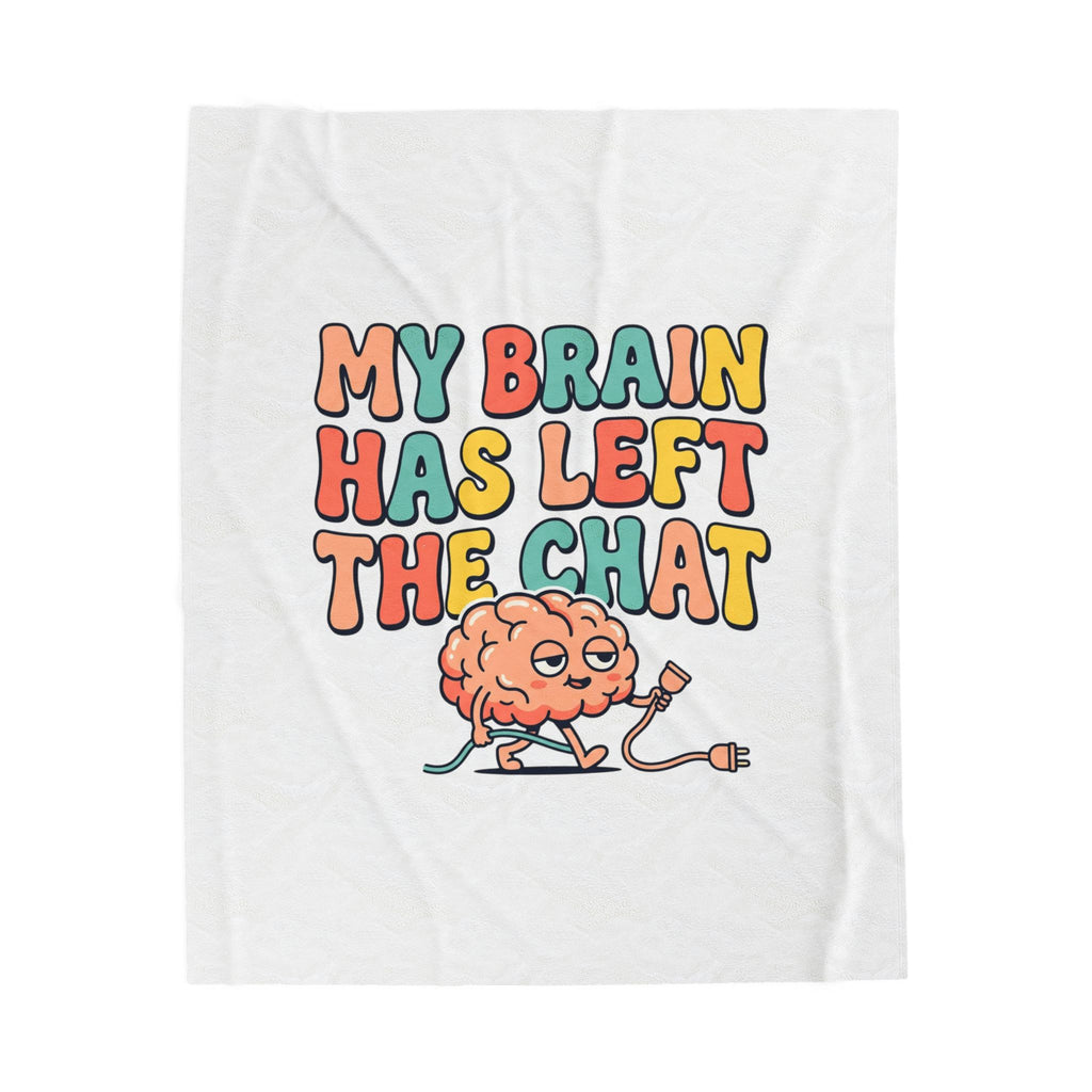 White t-shirt with colorful text 'My Brain Has Left The Chat' and a cartoon brain character on a white background.