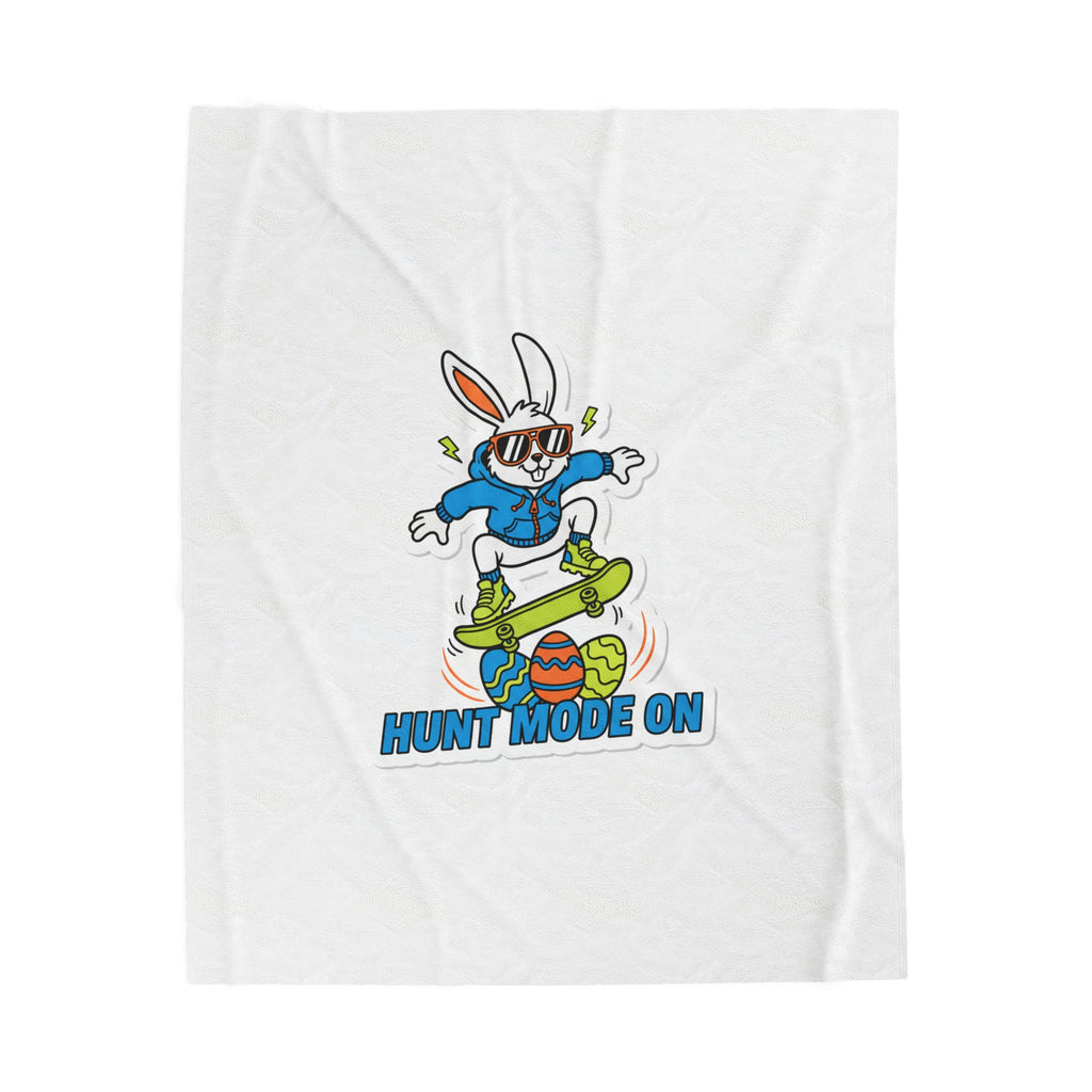 White t-shirt with a cartoon bunny on a skateboard and 'Hunt Mode On' text.
