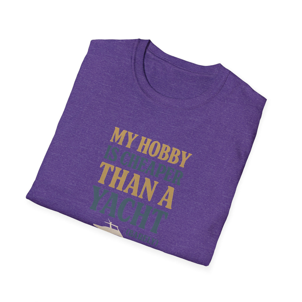 Folded purple t-shirt with yellow and green text on a white background