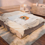 Beige bedspread with a logo on a bed in a bedroom setting