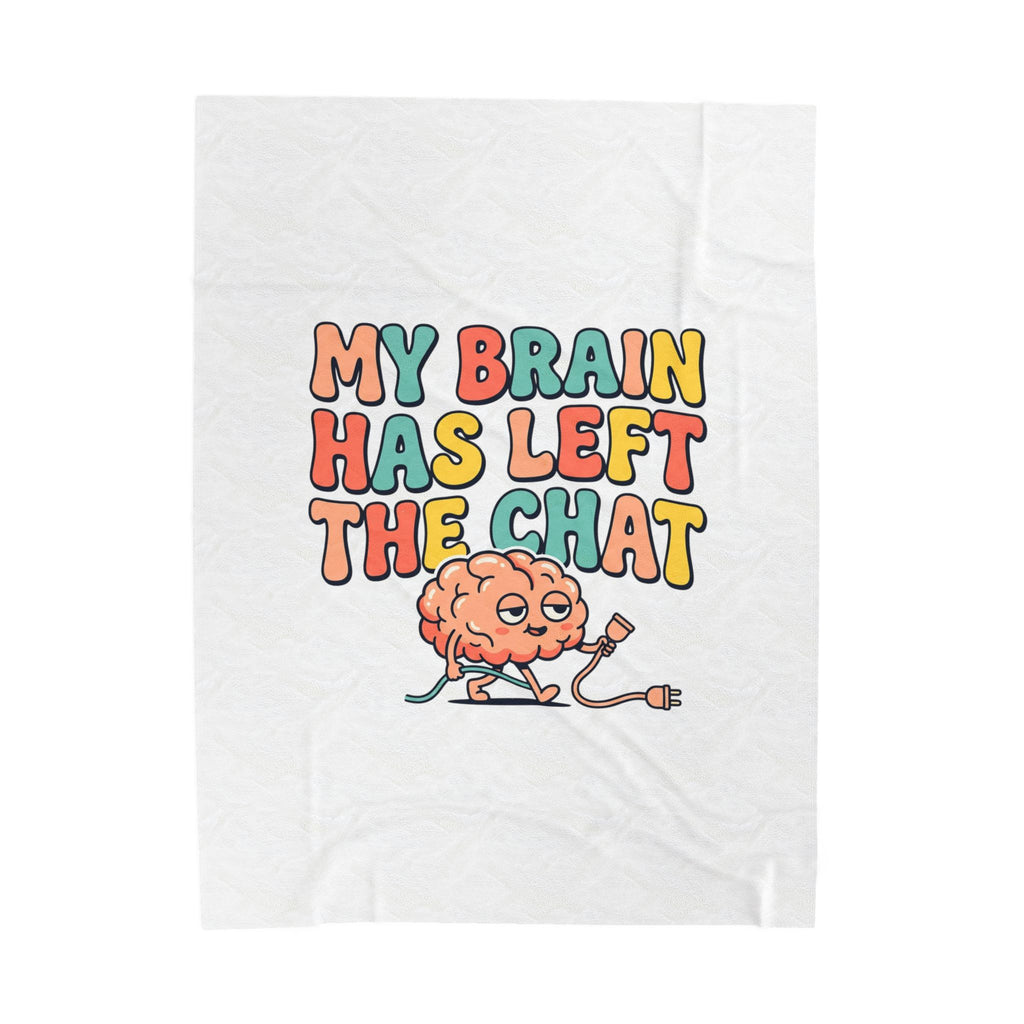 White towel with colorful text and cartoon brain design on a white background