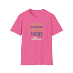 Pink t-shirt with humorous text design on a white background