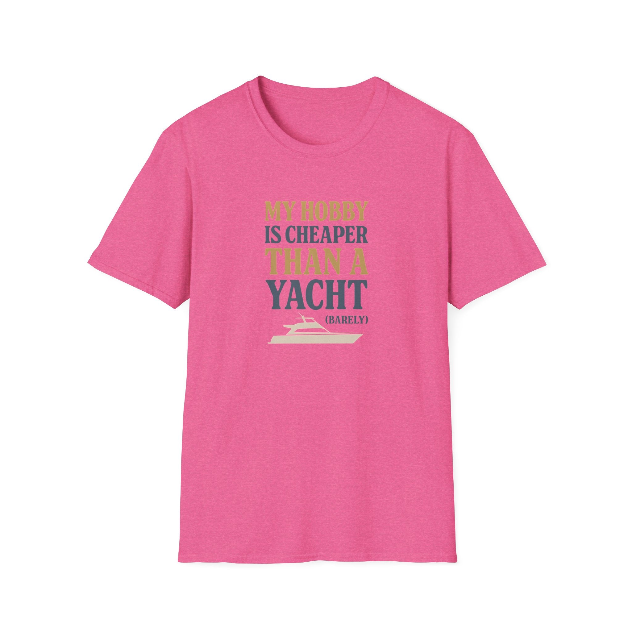 Pink t-shirt with humorous text design on a white background