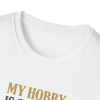 White t-shirt with gold text on a white background