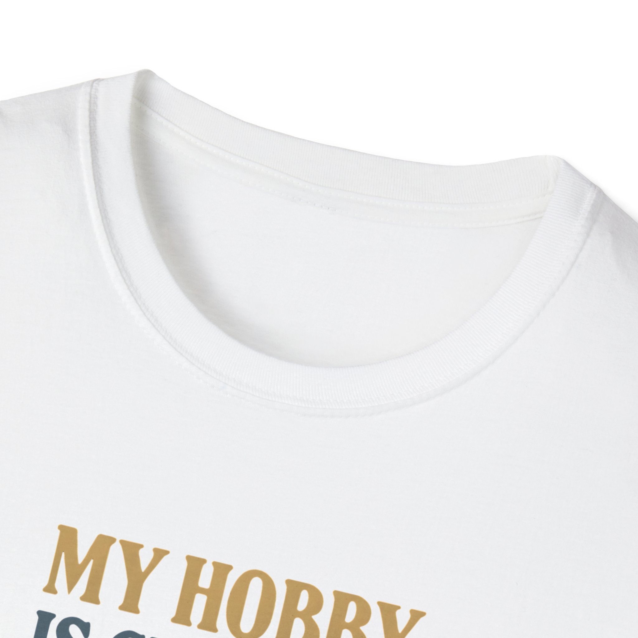 White t-shirt with gold text on a white background