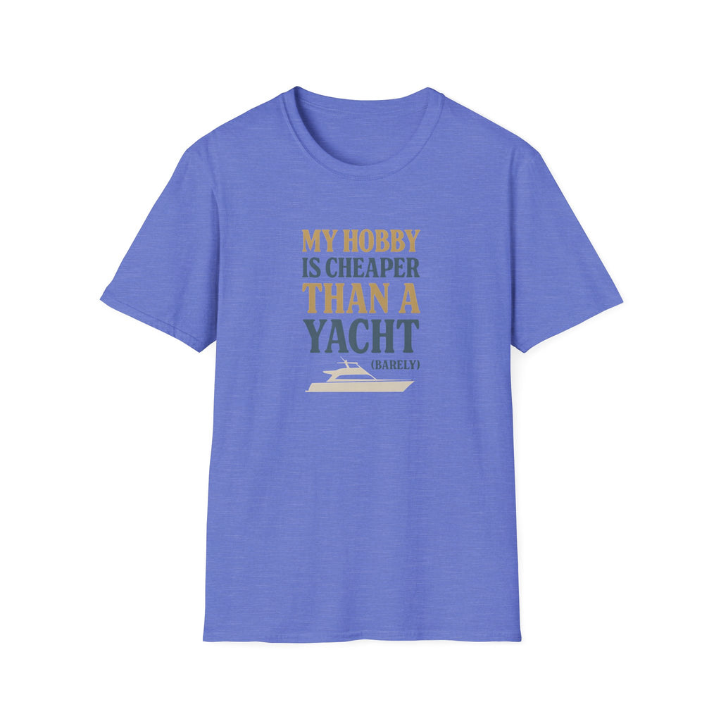 Blue t-shirt with text and yacht graphic on a white background