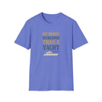 Blue t-shirt with text and yacht graphic on a white background